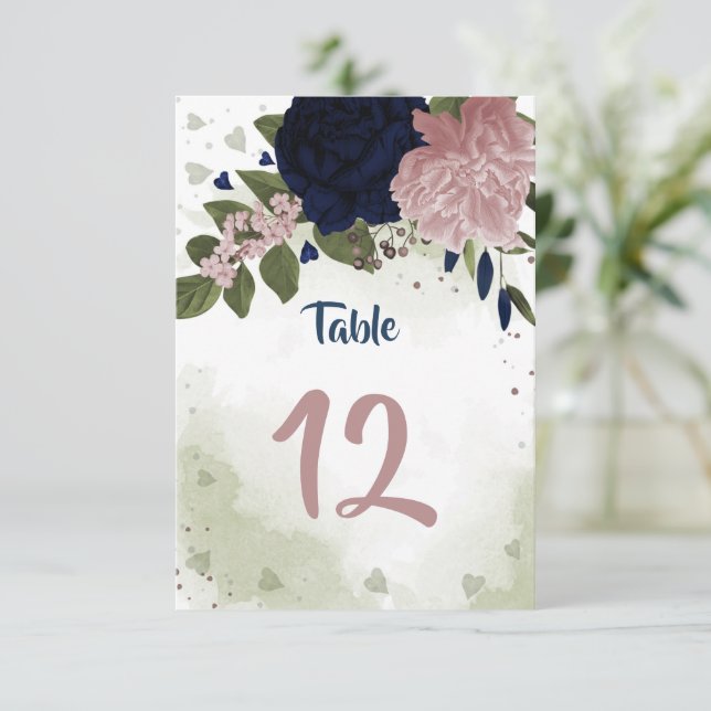 rosa och marinblommor, grönt bordsnummer (Stående Fram)
