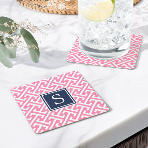 Rosa och marinparfym Mönster Monogram Underlägg Papper Kvadrat