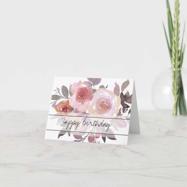 Rosa och mauve akvarellblommig födelsedagskort kort (Framsida)