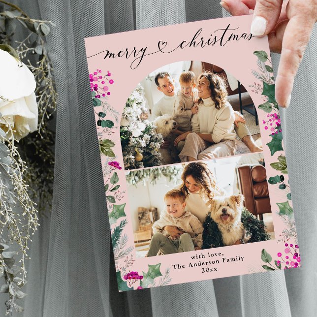 Rosa och merry 2-fotopatkort julkort (Skapare uppladdad)