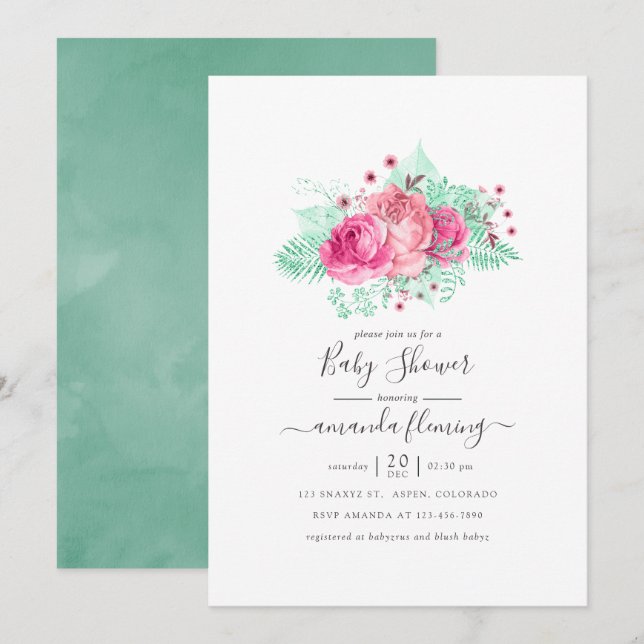 Rosa och mint blommande baby shower inbjudningar (Fram/baksida)