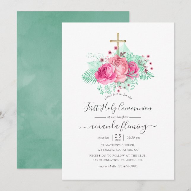 Rosa och mint blommande första kommunion inbjudningar (Fram/baksida)