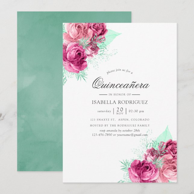 Rosa och mint blommande Quinceañera Inbjudningar (Fram/baksida)