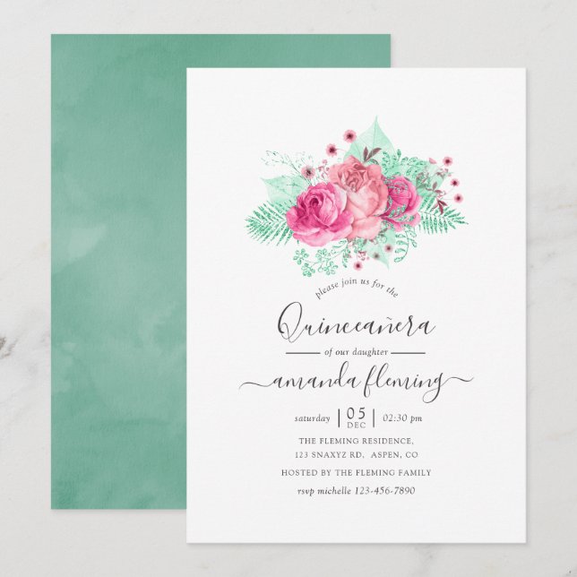Rosa och mint blommande Quinceañera Inbjudningar (Fram/baksida)