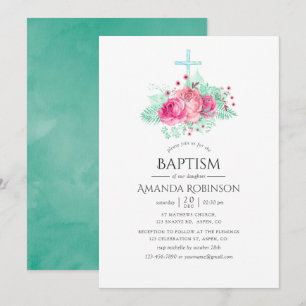 Rosa och Mint Blommigt Baptism eller Christening Inbjudningar