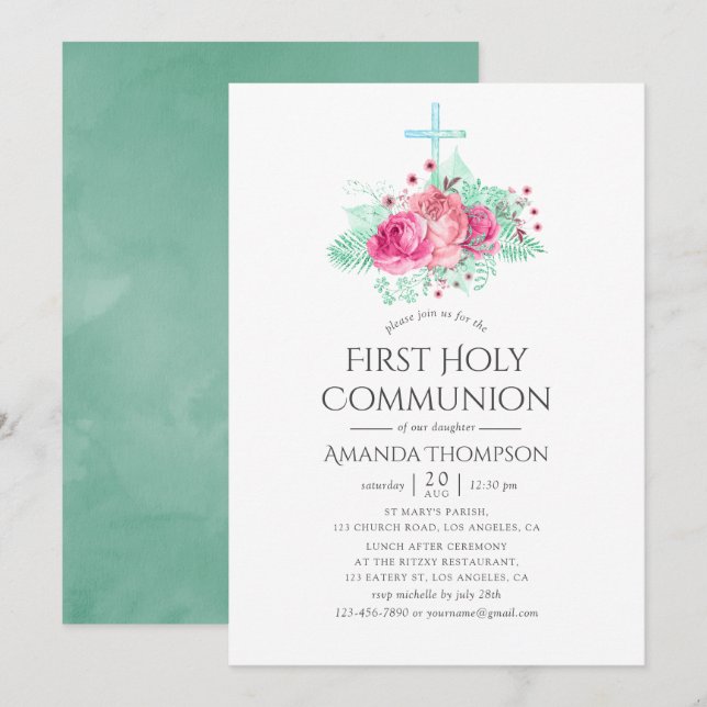 Rosa och Mint Blommigt First Heliga Communion Inbjudningar (Fram/baksida)