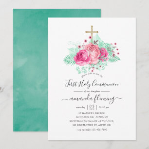 Rosa och Mint Blommigt First Heliga Communion Inbjudningar