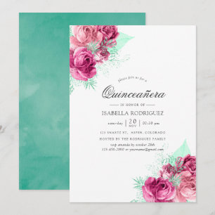 Rosa och Mint Blommigt Quinceañera Inbjudningar