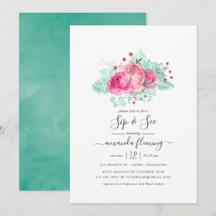 Rosa och Mint Blommigt Sip och Se Inbjudningar