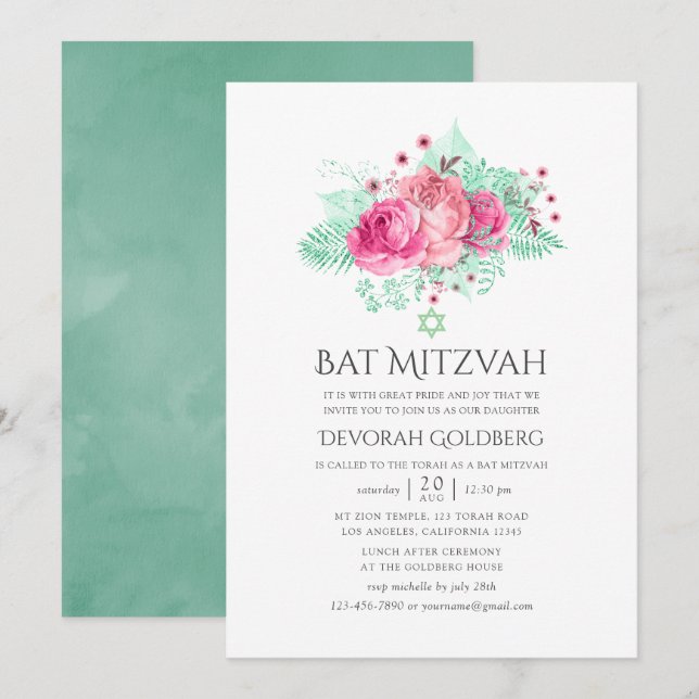 Rosa och mint blomster Bat Mitzvah Inbjudningar (Fram/baksida)