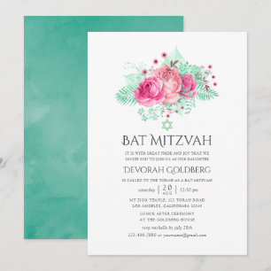 Rosa och mint blomster Bat Mitzvah Inbjudningar
