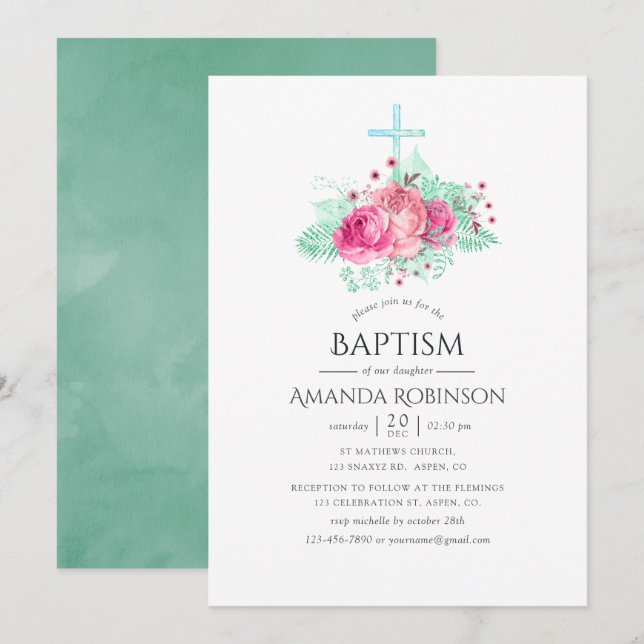 Rosa och mint blomsterdop eller dopceremoni inbjudningar (Fram/baksida)