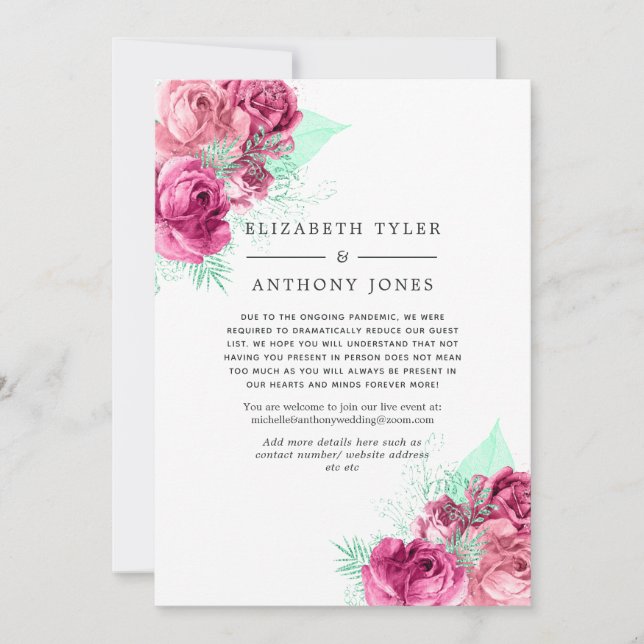 Rosa och mint blomsterlig reducerad bröllopsgästli meddelande (Framsida)