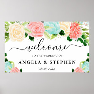 Rosa och mint Boho blommor bröllop välkommen Poster