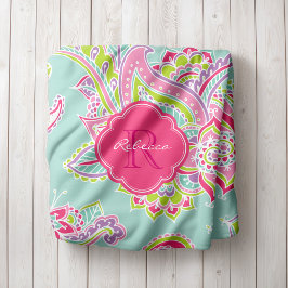 Rosa och Mint Boho Paisley Monogrammed Fleecefilt