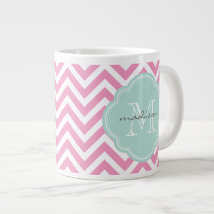 Rosa och Mint Chevron Anpassningsbar Monogram Jumbo Mugg