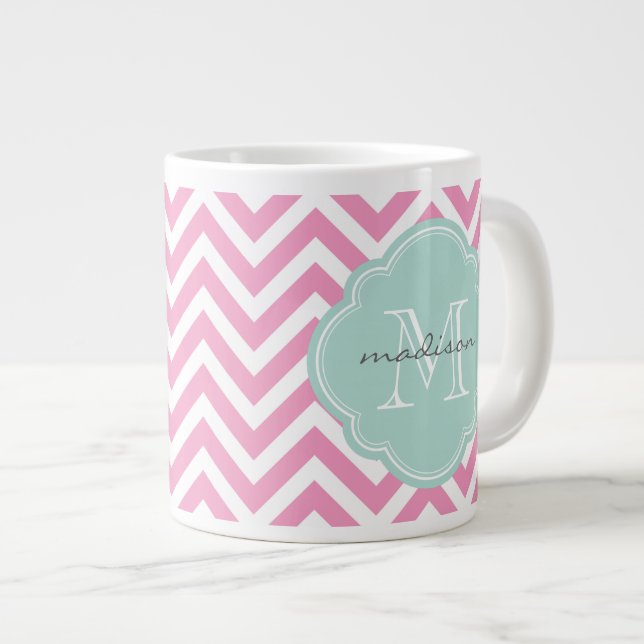 Rosa och Mint Chevron Anpassningsbar Monogram Jumbo Mugg (Framsida höger)