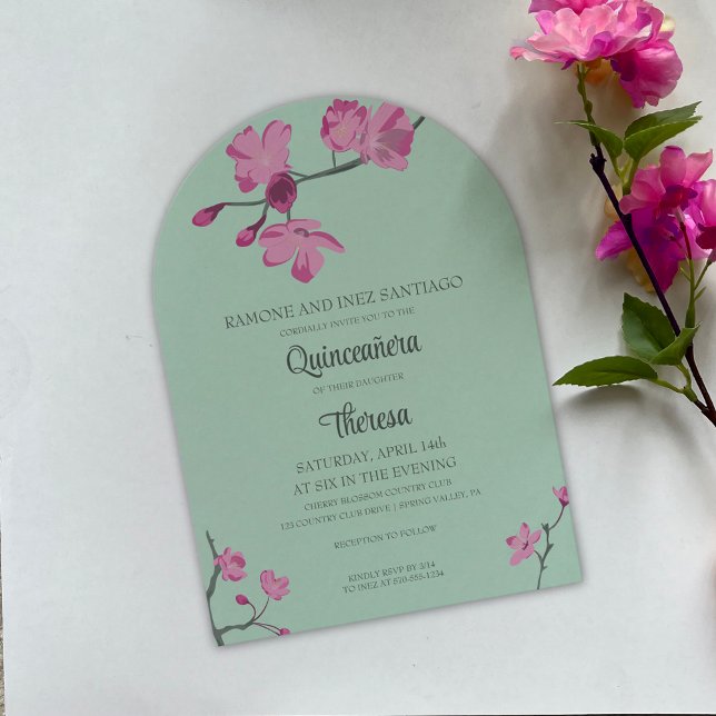 Rosa och Mint Grönt Cherry Blommar Quinceanera Inbjudningar (Skapare uppladdad)