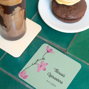 Rosa och Mint Grönt Cherry Blommar Quinceanera Underlägg Papper Kvadrat
