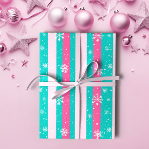 Rosa och Mint-Lodrät Stripe Snowflake Presentpapper