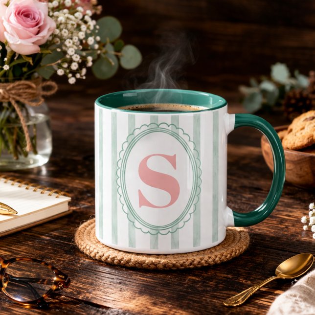 Rosa och mint vattenfärg randig anpassad monogram mugg (Skapare uppladdad)