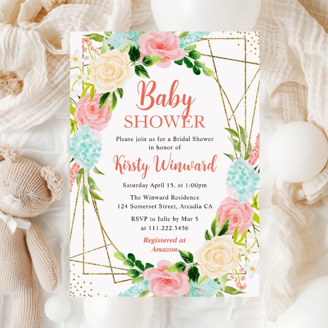 Rosa och mintfärgade blommor ramar in baby shower inbjudningar (Skapare uppladdad)