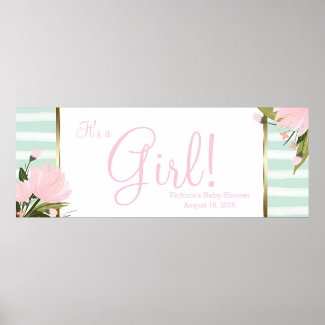 Rosa och mintgrön banner för baby shower poster (Framsidan)
