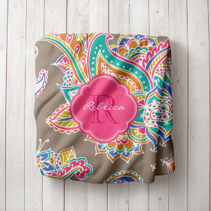Rosa och Mocha Boho Paisley Monogrammed Fleecefilt