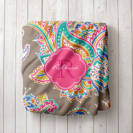 Rosa och Mocha Boho Paisley Monogrammed Fleecefilt