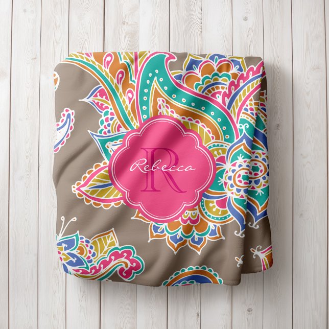 Rosa och Mocha Boho Paisley Monogrammed Fleecefilt (Skapare uppladdad)