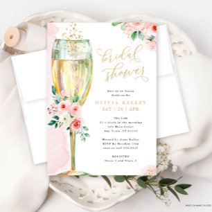 Rosa och Möhippa av Blommigt av champagne och Guld Inbjudningar