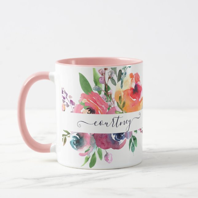 Rosa och orange akvarellblomma personlig mugg (Vänster)