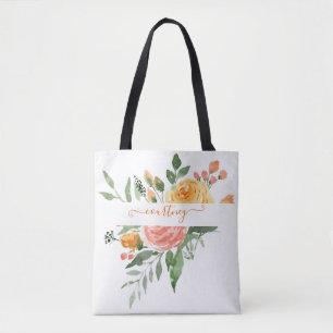 Rosa och orange akvarellblommor personlig tygkasse