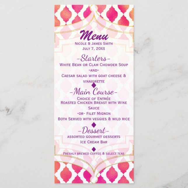 Rosa och Orange Arabian Moroccan Glam Party Menu Meny (Framsida)