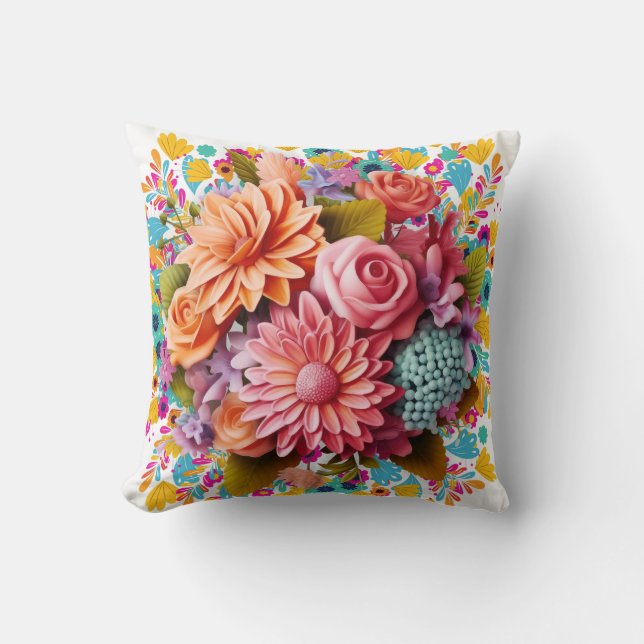 Rosa och Orange av färgade 3D-blommor Kudde (Framsida)