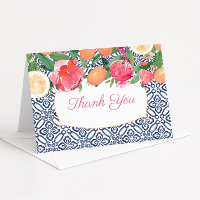 Rosa och orange blå plattor Medelhavsdusch Tack Kort (Vibrant Mediterranean theme thank you card design)