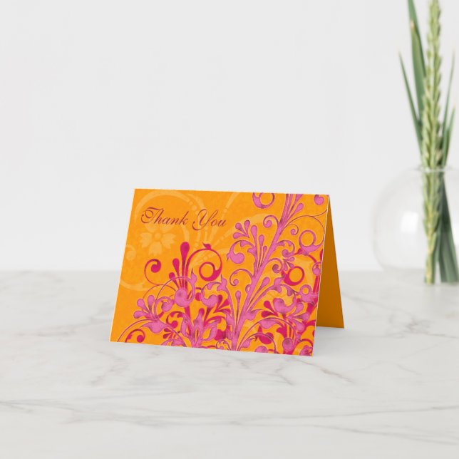 Rosa och Orange Blommig Bröllopstackkort Tack Kort (Framsida)