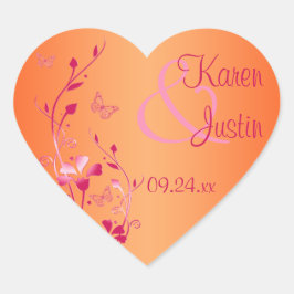 Rosa och Orange Blommigt Bröllop Sticker Hjärtformat Klistermärke