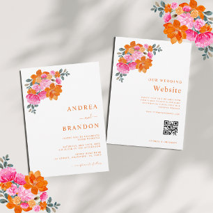 Rosa och Orange Blommigt QR-kod Bröllop alla i ett Inbjudningar