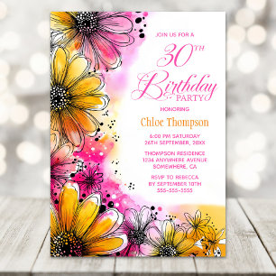 Rosa och Orange Blommigten 30års födelsedag Party Inbjudningar
