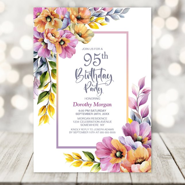 Rosa och orange blomster 95-års födelsedagsfest inbjudningar (Skapare uppladdad)