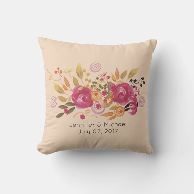 Rosa och orange blomsterbukett på persikofärgad ba kudde (Framsida)