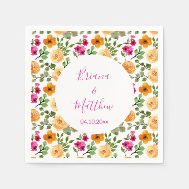 Rosa och orange blomsterelegant skrift pappersservett (Framsidan)