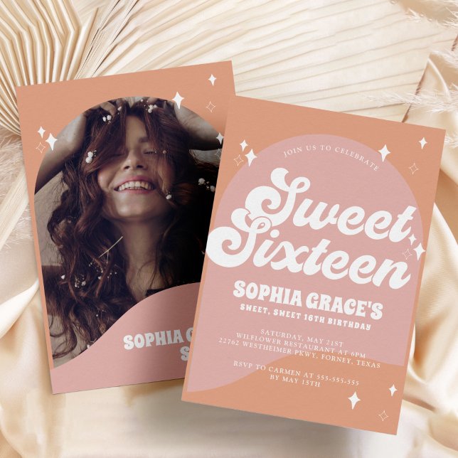 Rosa och Orange Boho Arch & Photo Retro Sweet 16 Inbjudningar (Skapare uppladdad)
