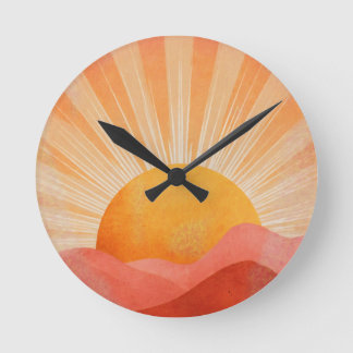 Rosa och orange boho-soluppgång rund klocka