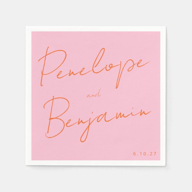 Rosa och Orange Bröllop i modern handskrift Pappersservett (Framsidan)