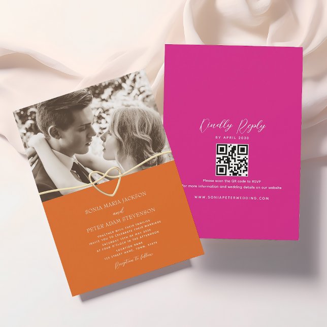 Rosa och Orange Bröllopsinbjudan med QR-kod Inbjudningar (Skapare uppladdad)
