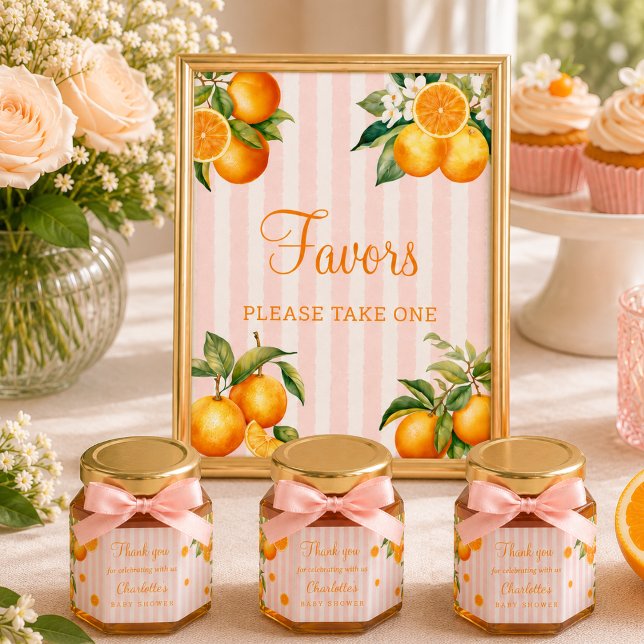Rosa och orange citrus baby shower anpassad skylt (Pink and Citrus Orange Floral Baby Shower Custom sign, Favor Please take one)