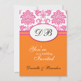 Rosa- och Orange Damask Monogram bröllopsinbjudan Inbjudningar