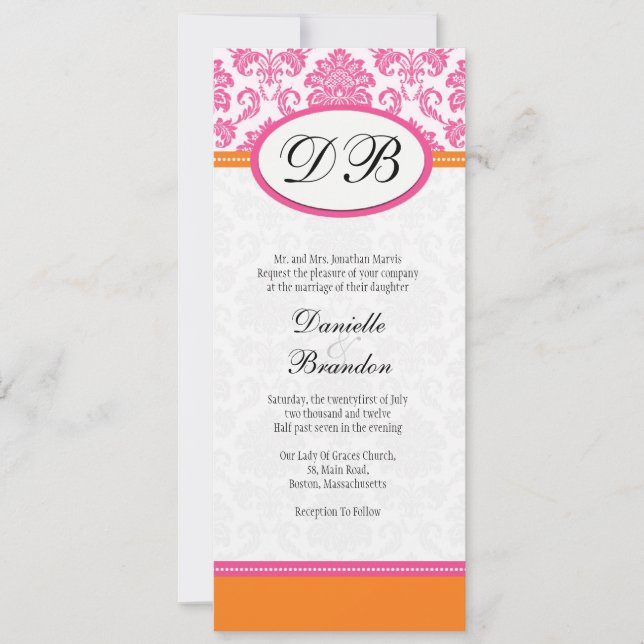 Rosa och Orange Damask Monogram bröllopsinbjudan Inbjudningar (Framsida)